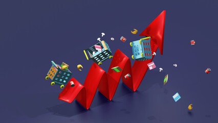3d render illustration shopping carts with food cost and rising chart concept for purchasing power and shortage diet
