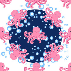 Fototapeta na wymiar Seamless pattern with cute octopus, seaweed and pearl. Trendy nursery background