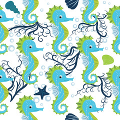 Fototapeta na wymiar Cute seahorses cartoon seamless pattern. Hand drawn ocean animals. Nautical beach, Sea life fun underwater