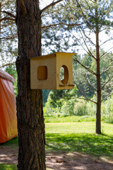 wooden birdhouse on a tree in the forest and park