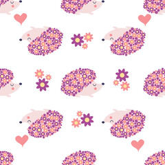 seamless childish floral pattern with flowers and cute hedgehogs on black background