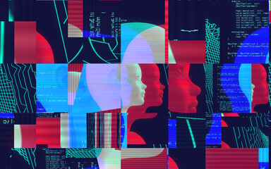3d portrait of a man with glitch effect. Cyberpunk style. Conceptual image of artificial intelligence.Virtual reality. Deep Learning and Face recognition systems.  - obrazy, fototapety, plakaty