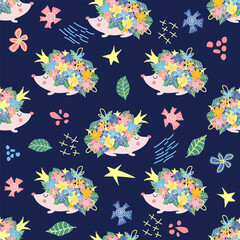 Fototapeta na wymiar seamless childish floral pattern with flowers and cute hedgehogs on black background