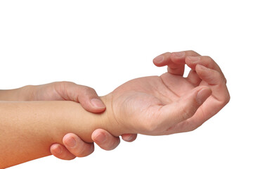 Man holding his painful wrist from working using his hand. Office syndrome and wrist ache concept. Isolated in white background.