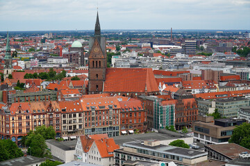 Fototapeta premium View from the dome on the tower of the city hall in Hannover, Lower Saxony, Germany. Overview of the city, Friedrichswall street, market church and city hall.