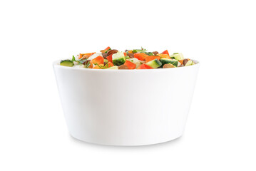 Lentil red bell pepper cucumber salad in a bowl on a white isolated background