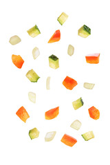 Lentil red bell pepper cucumber salad in a bowl on a white isolated background