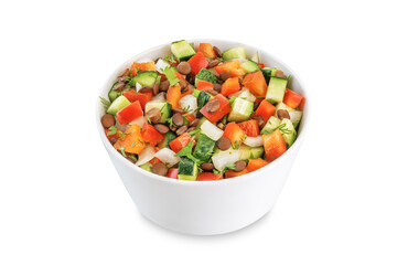 Lentil red bell pepper cucumber salad in a bowl on a white isolated background