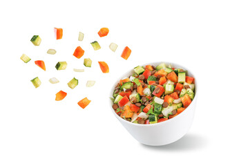 Lentil red bell pepper cucumber salad in a bowl on a white isolated background