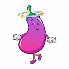 vector mascot character from cartoon cute eggplant walking wobbly because of dizziness
