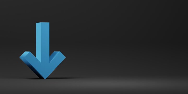 3D render of blue down arrow on gray background