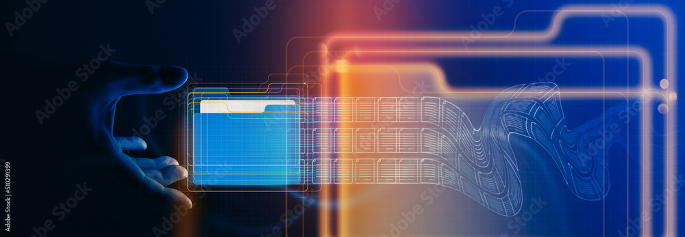 Poster Document management system concept,business hnad reach folder and document icons software,efficient archiving and company data. searching and managing files online document database.