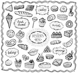 Chalk desserts and baked goods graphic set