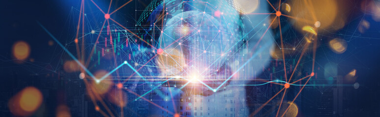 Businessman working smartphone on Technology and digital marketing. Financial and banking with global network connection on investor and customer with sale data exchange and development of business