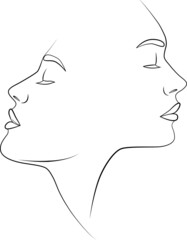 One line. Two faces in one line. Couple print, kiss print. Portrait. Face. Fashionable vector image.