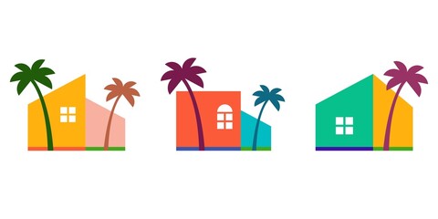 Set of colorful tropical house logo. house with palm tree logo vector, hawaii tropical beach home or hotel icon design illustration