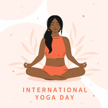 International Yoga Day. Woman with dark skin and hair meditating, practicing yoga. Vector illustration.