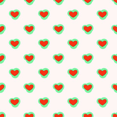 Line art seamless pattern in the form of a red heart on color shape. Romance graphic texture. Holiday celebration concept. Decorative print. Geometric bright wallpaper. Black contour line