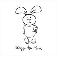 Christmas Doodle Winter New Year Rabbit 2023 black and white set. Vector illustration for happy new year poster, card etc. 