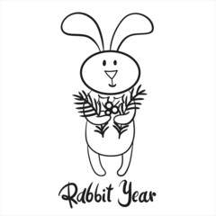 Christmas Doodle Winter New Year Rabbit 2023 black and white set. Vector illustration for happy new year poster, card etc. 