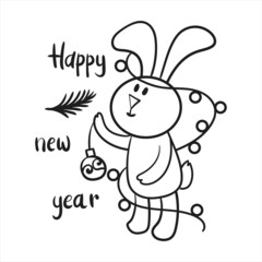 Christmas Doodle Winter New Year Rabbit 2023 black and white set. Vector illustration for happy new year poster, card etc. 