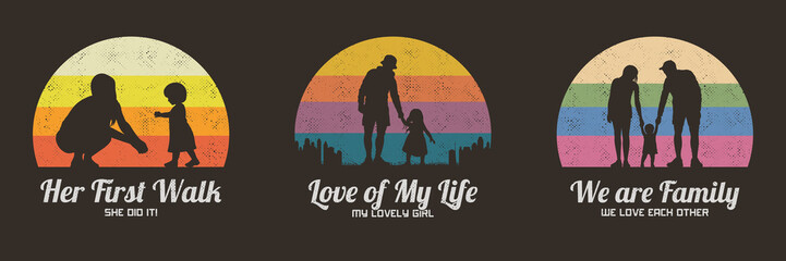 Family silhouette. Father, mother and child. Retro vintage t-shirt set - 510298994