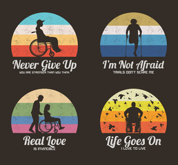 People in wheelchair. Man on crutches. Disabled person silhouette set.