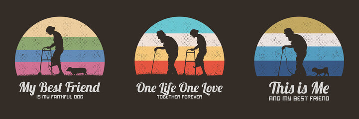Elderly couple silhouette. Old people and dog. Retro vintage t-shirt