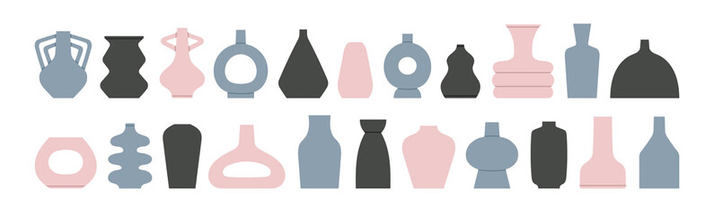 Big set of ceramic objects and vases, pottery. Icons with simple shapes. Home decorating, arts and crafts. Colorful vector illustrations isolated on white background. Calm pastel palette. 
