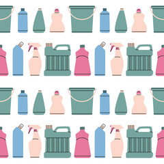 Seamless pattern with household chemicals, cleaners, bucket etc. Dishwashing, house cleaning and laundry.
Hand drawn vector illustration isolated on white background in pastel colors.