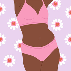 Illustration of woman in underwear. Body positive and self love, self care concept.
Stylish lingerie. Fashion accessories. Hand drawn vector illustration in trendy colors. Flat design