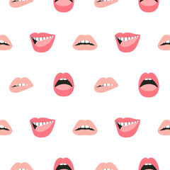 Fototapeta na wymiar Seamless pattern with pink lips, different emotions. Smile, opened mouth with white teeth, tongue. Make up and beauty concept int trendy colors. Vector illustration isolated on white background.