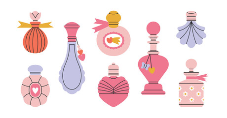 Set with cute illustrations of perfume bottles, toilet water or potions.
Cosmetics and magic concept. Icons for typographic and social media design. Hand drawn vector illustrations in trendy colors.