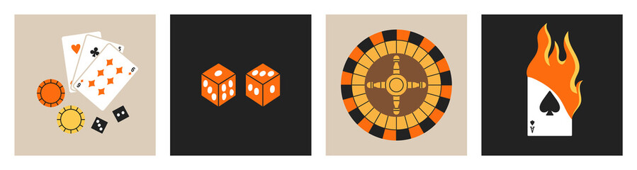 Set of posters with playing cards, roulette, chips, tokens and dice. Gambling, betting and casino concept.
Hand drawn vector illustrations in trendy colors. Flat design.