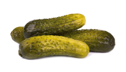 Marinated pickled cucumber isolated on white background. Pickled cucumber with clipping path. Closeup.