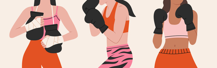 Set of illustrations with girls boxers in sportswear, with gloves. 
Training, boxing, wrestling, defense. Cool sport illustration in modern colors. Banner, poster etc.
Hand drawn vector illustration - obrazy, fototapety, plakaty