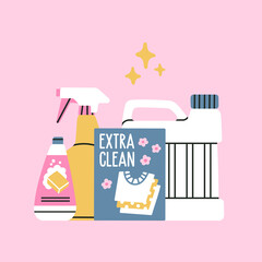 Poster with household chemicals, cleaner for mirrors and glass, washing powder etc. For dishwashing, house cleaning and laundry.
Hand drawn vector illustration isolated on white background.