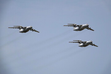 IL-76MD military transport planes over Moscow's Red Square during the dress rehearsal of the...