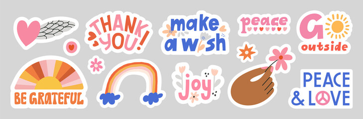 Big set of stickers with kindness, love and support motifs. Includes phrases and illustrations. Love, Gratitude, Peace concept.Cute vector illustrations isolated on grey background. Made with love.