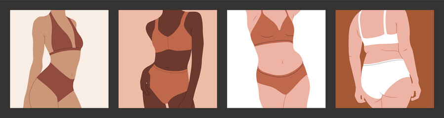 Set of posters with womaen in underwear. Body positive and self love, self care concept.
Stylish lingerie. Fashion accessories. Hand drawn vector illustration in trendy colors. Flat design.
