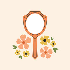 Poster with a mirror with handle, beautiful frame shape. Composition with flowers, plants.
Antique, vintage style. Colorful design. Hand drawn vector illustration isolated on peachy background.