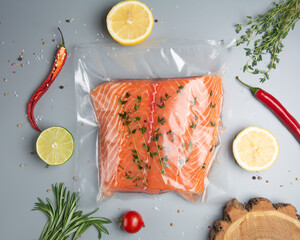 Vacuumed piece of salmon with lemon