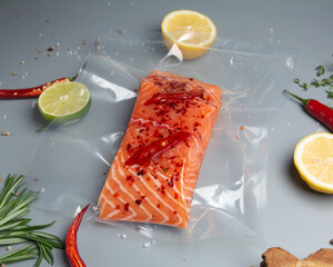 albuminous, board, cuisine, delicacy, eating, fillet, fish, food, fresh, gourmet, healthy, ingredient, iron, lemon slice, meal, meat, nutrition, packaging, product, raw, salmon, salt, sea, seafood, sl