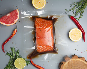 Vacuumed salmon in sous vide 