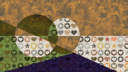 Abstract wallpaper background textured with hearts, stars, circles, earthy colors geometric shapes of brown and green. Digital art series BrownStarHeart #1