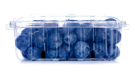 Plastic container fresh blueberry on white background isolation