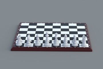 Set of white chess figures on chess board on gray background. Table games. International tournament. Hobby and leisure. 3d render