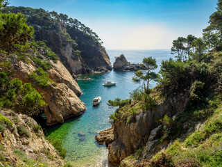Fototapeta premium View of secluded cove with emerald green water near Palamos, Catalonia
