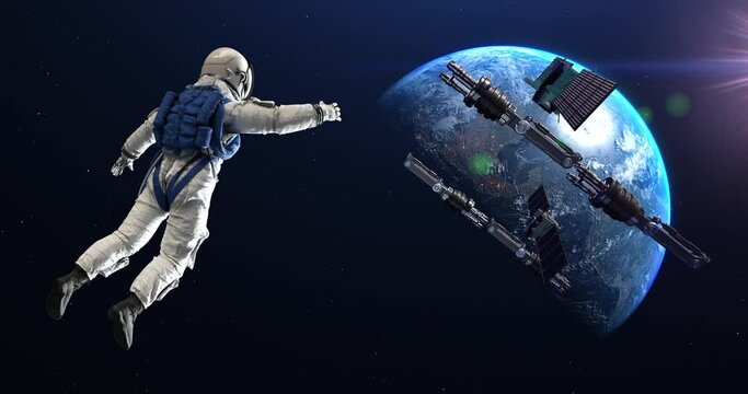 Engineer Astronaut Spacewalk Around Space Station. Maintenance Mission. Space And Technology Related 4K 3D Animation.