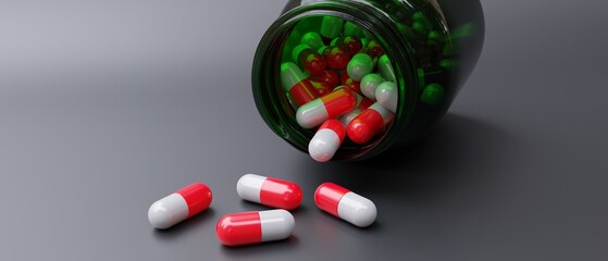 Medicine capsule, pill white and red color, glass bottle on grey. Copy space, banner. 3d render